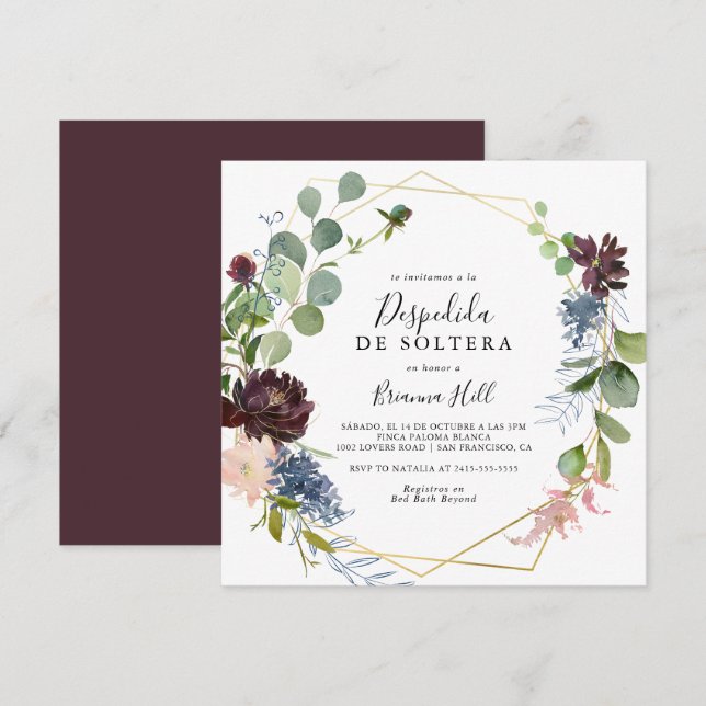 Invitation Burgundy Gold Fête des mariées géométrique espagno (Devant / Derrière)