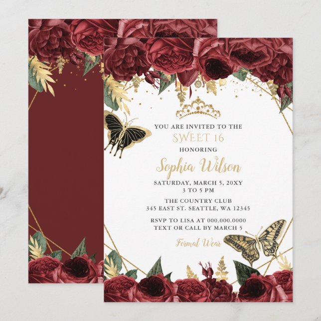 Invitation Burgundy Gold Floral Butterfly Sweet 16 (Devant / Derrière)