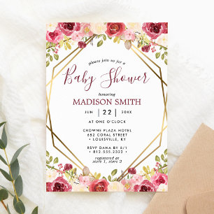 Invitation Burgundy Gold Floral Géométrique Baby Shower