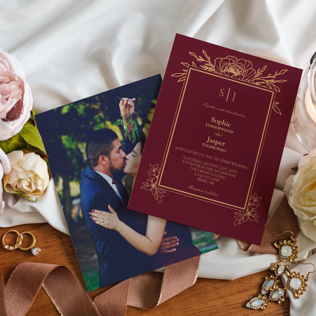 Invitation Burgundy Gold Floral Simple Monogramme Mariage pho (Créateur téléchargé)