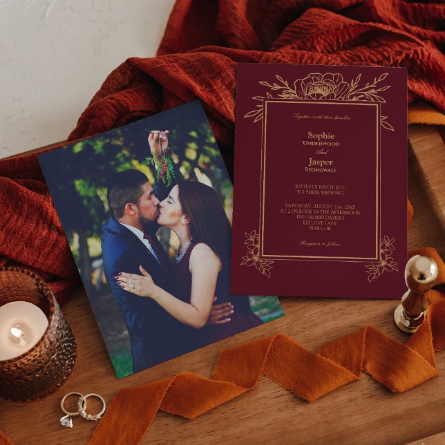 Invitation Burgundy Gold Floral Simple Photo Mariage (Créateur téléchargé)