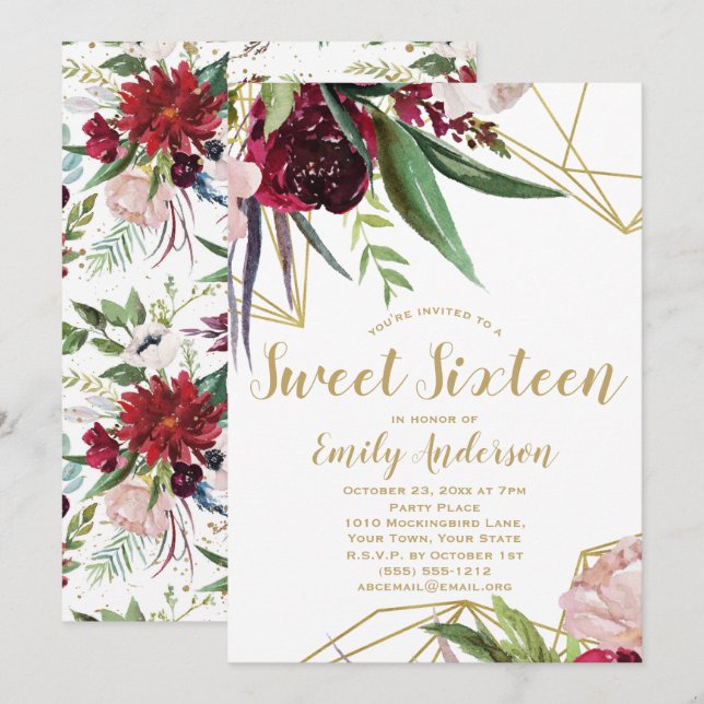Invitation Burgundy Gold Floral Sweet 16 (Devant / Derrière)
