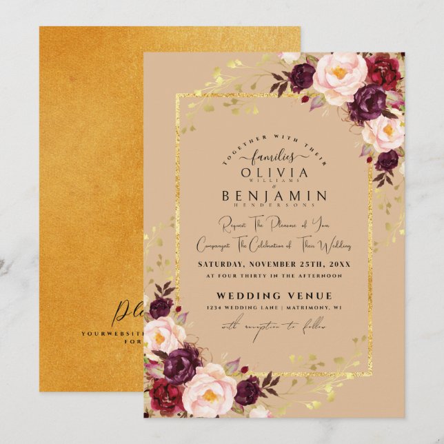 Invitation Burgundy Gold Florales Chic Foil Parties scintilla (Devant / Derrière)