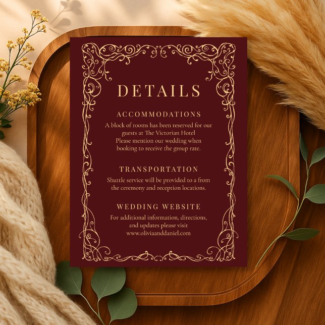 Invitation Burgundy Gold Minimalist Wedding Details (Créateur téléchargé)