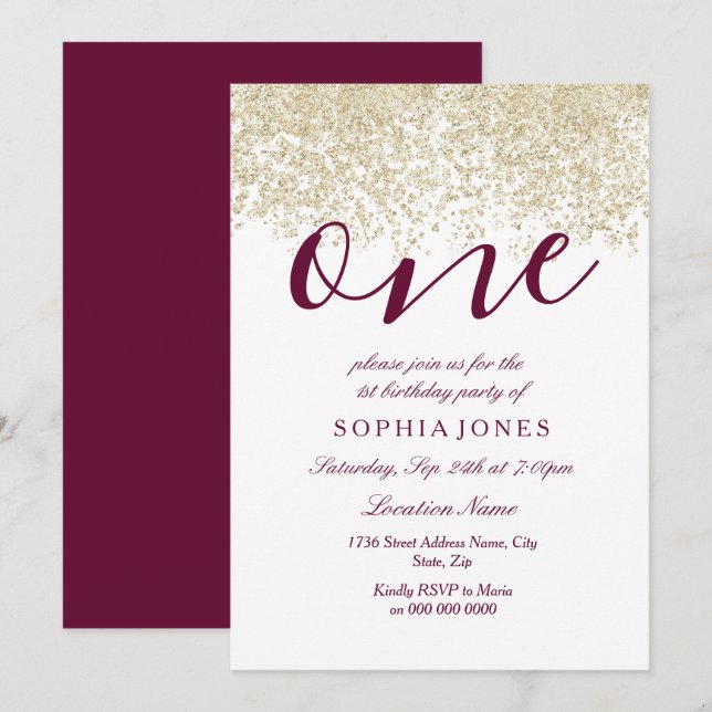 Invitation Burgundy Gold Parties scintillant 1er anniversaire (Devant / Derrière)
