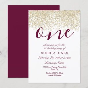 Invitation Burgundy Gold Parties scintillant 1er anniversaire