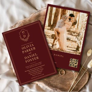 Invitation Burgundy Gold QR Code Crest Photo Mariage