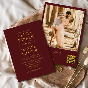 Invitation Burgundy Gold QR Code Photo Mariage élégant