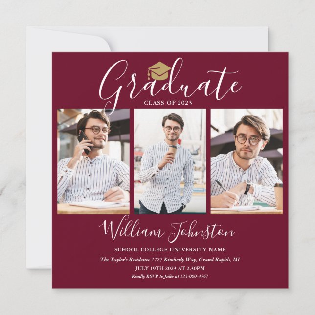Invitation Burgundy Gold Script 4 Photo Graduation Party (Devant)