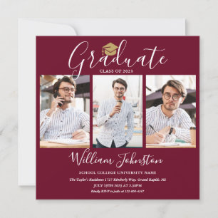 Invitation Burgundy Gold Script 4 Photo Graduation Party