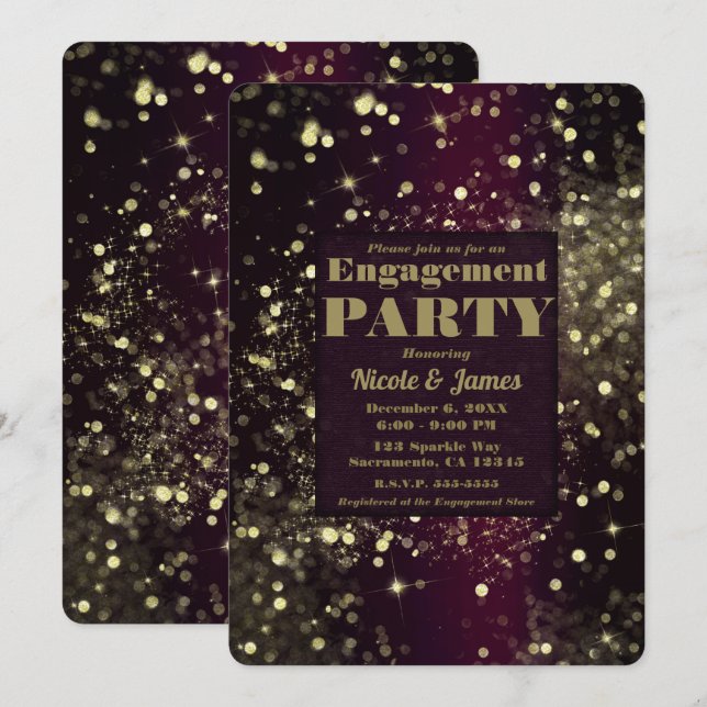 Invitation Burgundy Gold Sparkling Lights Glam Engagement (Devant / Derrière)