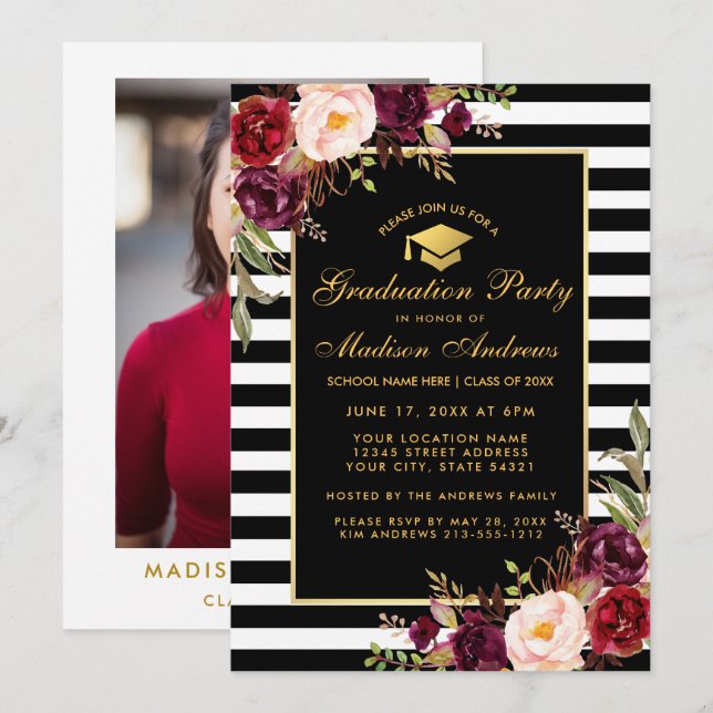 Invitation Burgundy Gold Striped Graduped Party Photo Retour (Devant / Derrière)