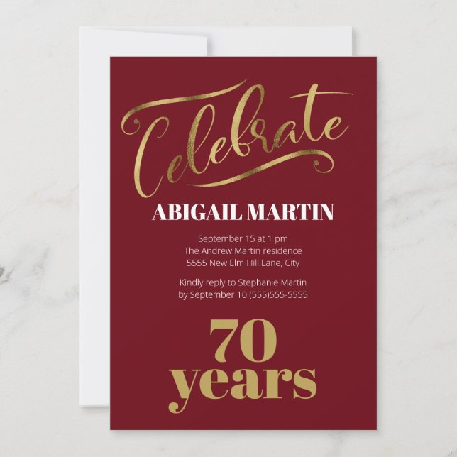 Invitation Burgundy Gold White 70e fête d'anniversaire (Devant)