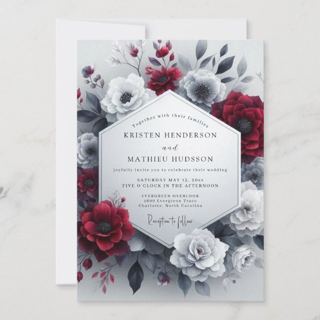 Invitation Burgundy Greyscale Bloom Wedding (Devant)