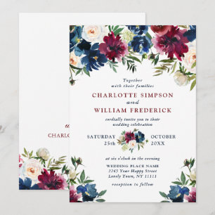 Invitation Burgundy Marine Bleu Aquarelle Bleu Mariage Floral