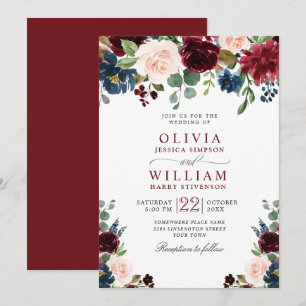 Invitation Burgundy Marine Bleu Aquarelle Bleu Mariage Floral