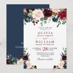 Invitation Burgundy Marine Bleu Aquarelle Bleu Mariage Floral