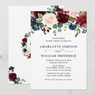 Invitation Burgundy Marine Bleu Aquarelle Bleu Mariage Floral