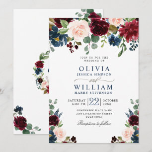 Invitation Burgundy Marine Bleu Aquarelle Bleu Mariage Floral
