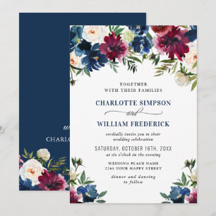 Invitation Burgundy Marine Bleu Aquarelle Bleu Mariage Floral