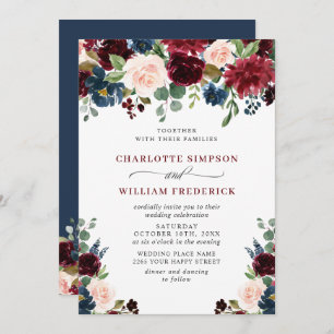 Invitation Burgundy Marine Bleu Aquarelle Bleu Mariage Floral