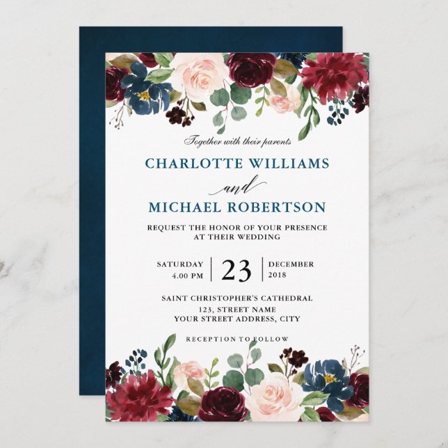 Invitation Burgundy Marine Rouge Bleu Floral Russe Boho (Devant / Derrière)
