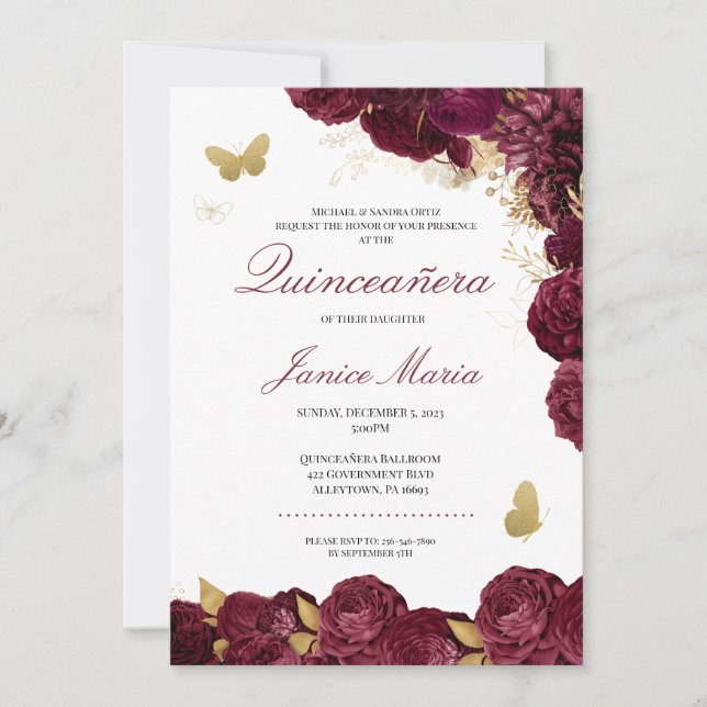 Invitation Burgundy Maron Or Floral Butterfly Quinceañera (Devant)