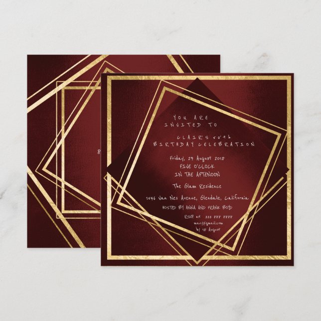 Invitation Burgundy Maroon Geometry Carré d'or Anniversaire (Devant / Derrière)
