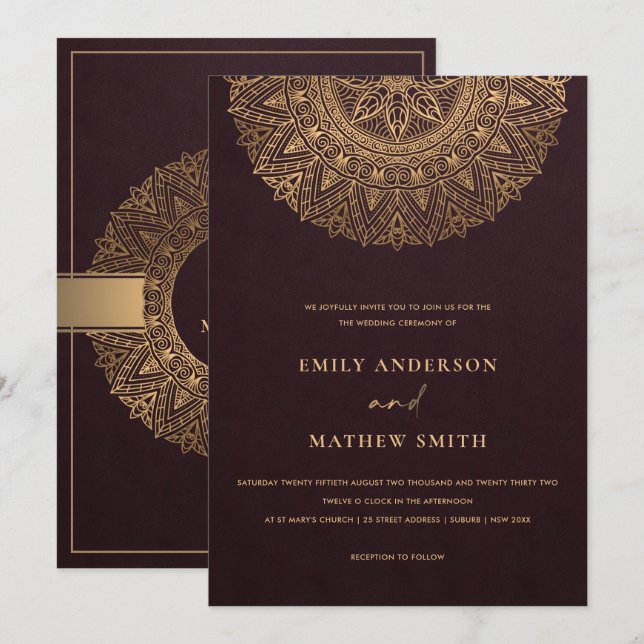 INVITATION BURGUNDY MAROON GOLD CLASSY ORNATE MANDALA MARIAGE (Devant / Derrière)
