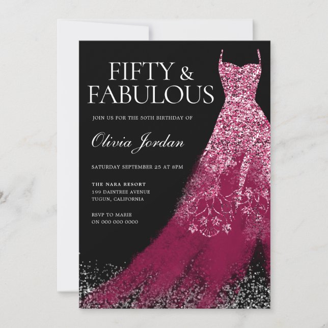 Invitation Burgundy Maroon Sparkle robe 50e fête d'anniversai (Devant)