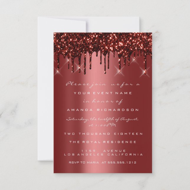 Invitation Burgundy Marron Paillettes Drips Mariage Douce 16e (Devant)