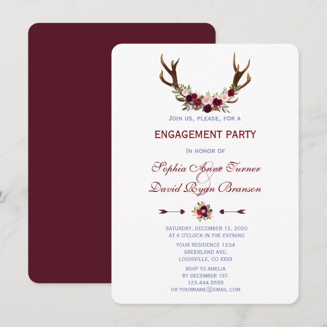 Invitation Burgundy Marsala Floral Antlers (Devant / Derrière)