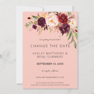 Invitation Burgundy Marsala Floral Changement de date - Rose 