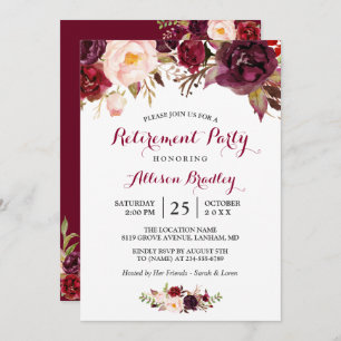 Invitation Burgundy Marsala Red Floral Retraite Party