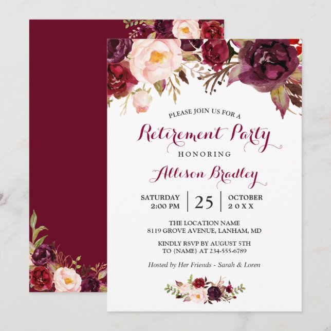 Invitation Burgundy Marsala Red Floral Retraite Party (Devant / Derrière)