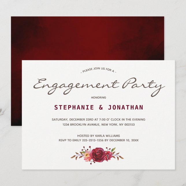 Invitation Burgundy Marsala Red Roses Floral Engagement (Devant / Derrière)