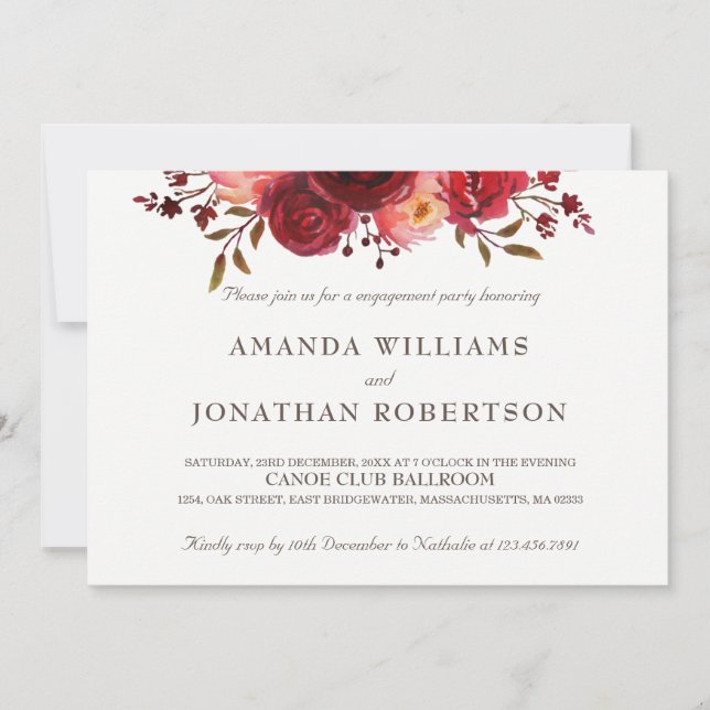Invitation Burgundy Marsala Red Roses Floral Engagement Party (Devant)
