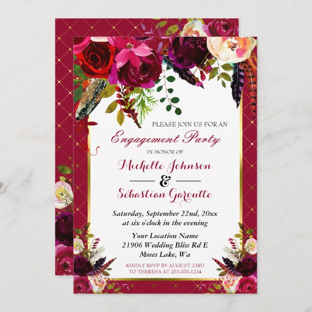 Invitation Burgundy Marsala Rustic Floral (Devant / Derrière)