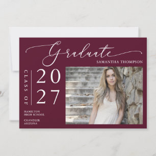 Invitation Burgundy Minimalist Script School Graduate Photo
