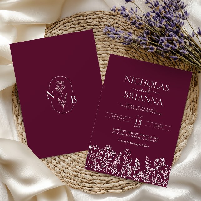 Invitation Burgundy Minimalist Wildflower Wedding Monogram  (Créateur téléchargé)