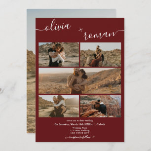 Invitation Burgundy moderne 6 photos grille collage mariage