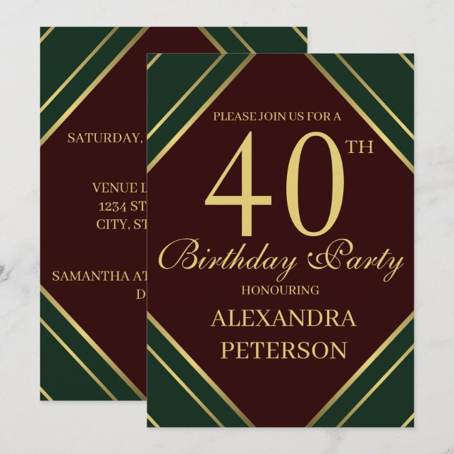 Invitation Burgundy Moderne Grandes Vertes Et Or Anniversaire (Devant / Derrière)