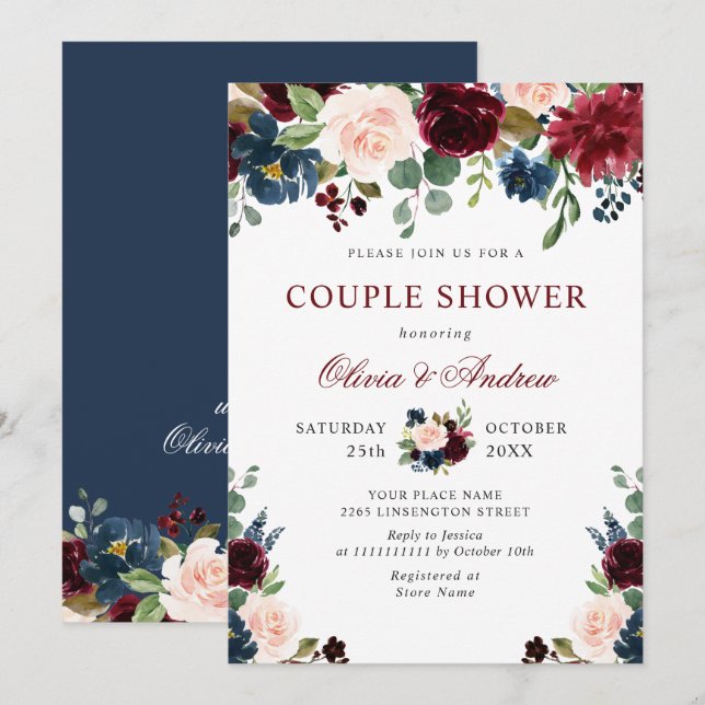 Invitation Burgundy Navy Blue Blush Fleurs COUPLE DOUCHE (Devant / Derrière)