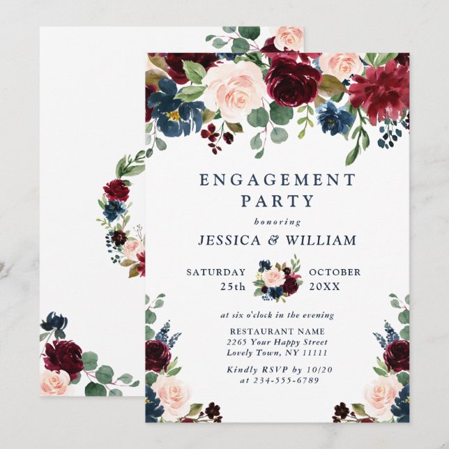 Invitation Burgundy Navy Blue Blush Flowers ENGAGEMENT PARTY (Devant / Derrière)