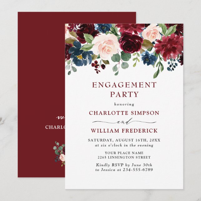 Invitation Burgundy Navy Blue Blush Flowers ENGAGEMENT PARTY (Devant / Derrière)