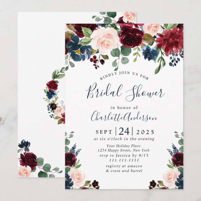 Invitation Burgundy Navy Blue Blush Flowers FÊTE DES MARIÉES (Devant / Derrière)