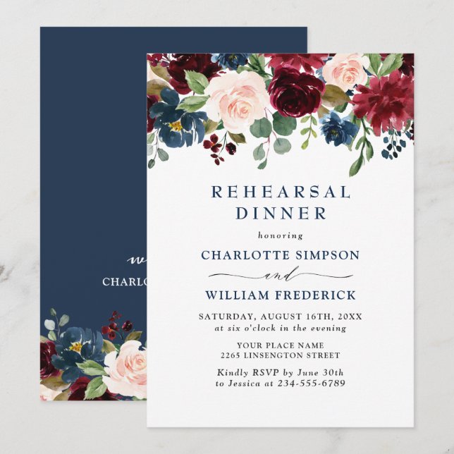 Invitation Burgundy Navy Blue Blush Flowers REHEARSAL DÎNER (Devant / Derrière)