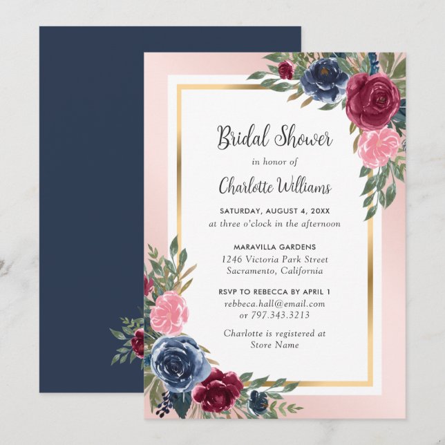 Invitation Burgundy Navy Blue Blush Gold FlorFête des mariées (Devant / Derrière)