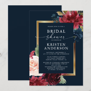 Invitation Burgundy Navy Blue Floral Aquarelle Fête des marié