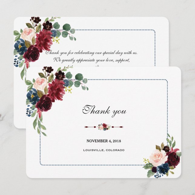 Invitation Burgundy Navy Blue Floral Frame Mariage Merci (Devant / Derrière)